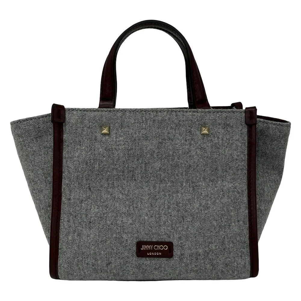 Jimmy Choo Varenne Tote Bag Gray Bordeaux Wool Leather